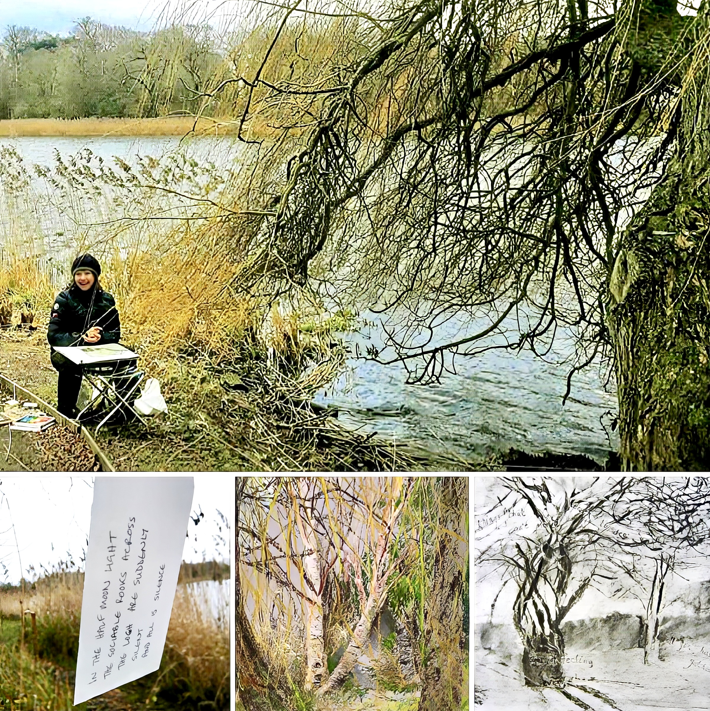 four images of trees and a person drawing by loch